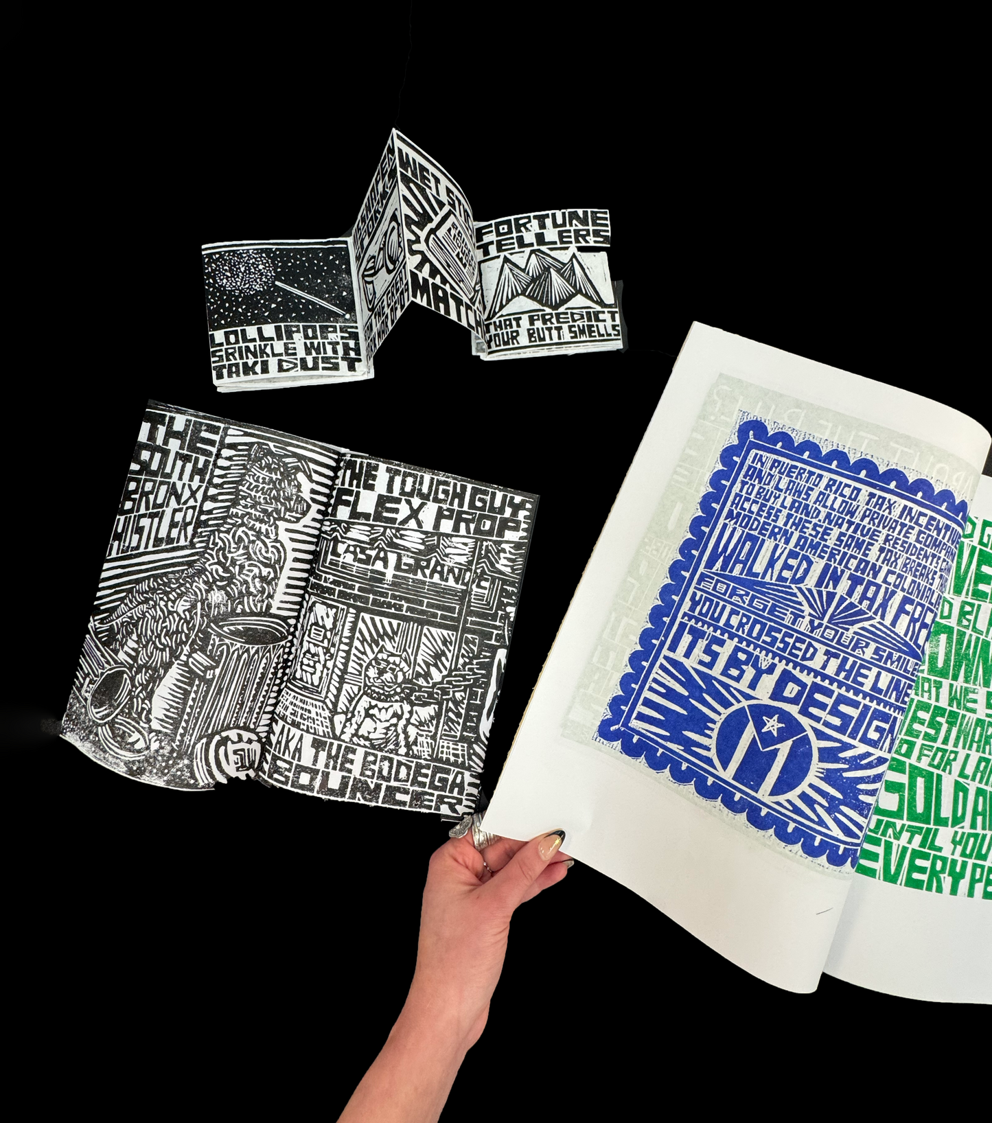 Three woodcuts and three hand made books by John Vasquez Mejias