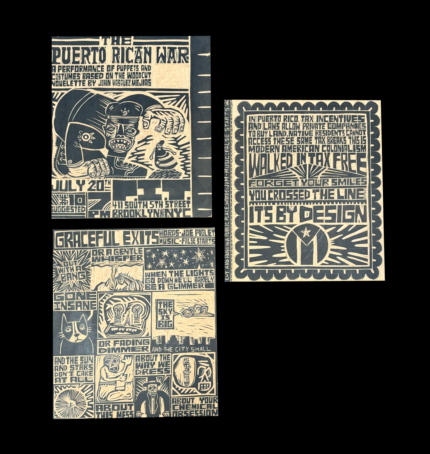 Three woodcuts and three hand made books by John Vasquez Mejias